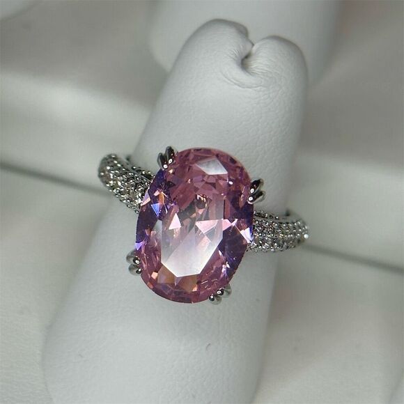 Fashion Jewelry Jewelry - Pink Solitaire Gemstone Ring w/ Clear Accents Silver Plated Engagement size 6